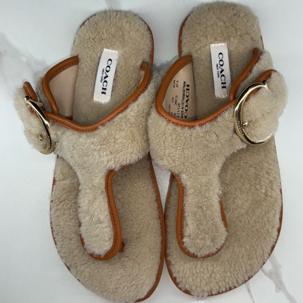 Coach Cream and Tan Shearling Slides